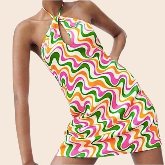 Zara Dresses & Skirts - Zara Retro Wavy Mini Halter Dress Size XS